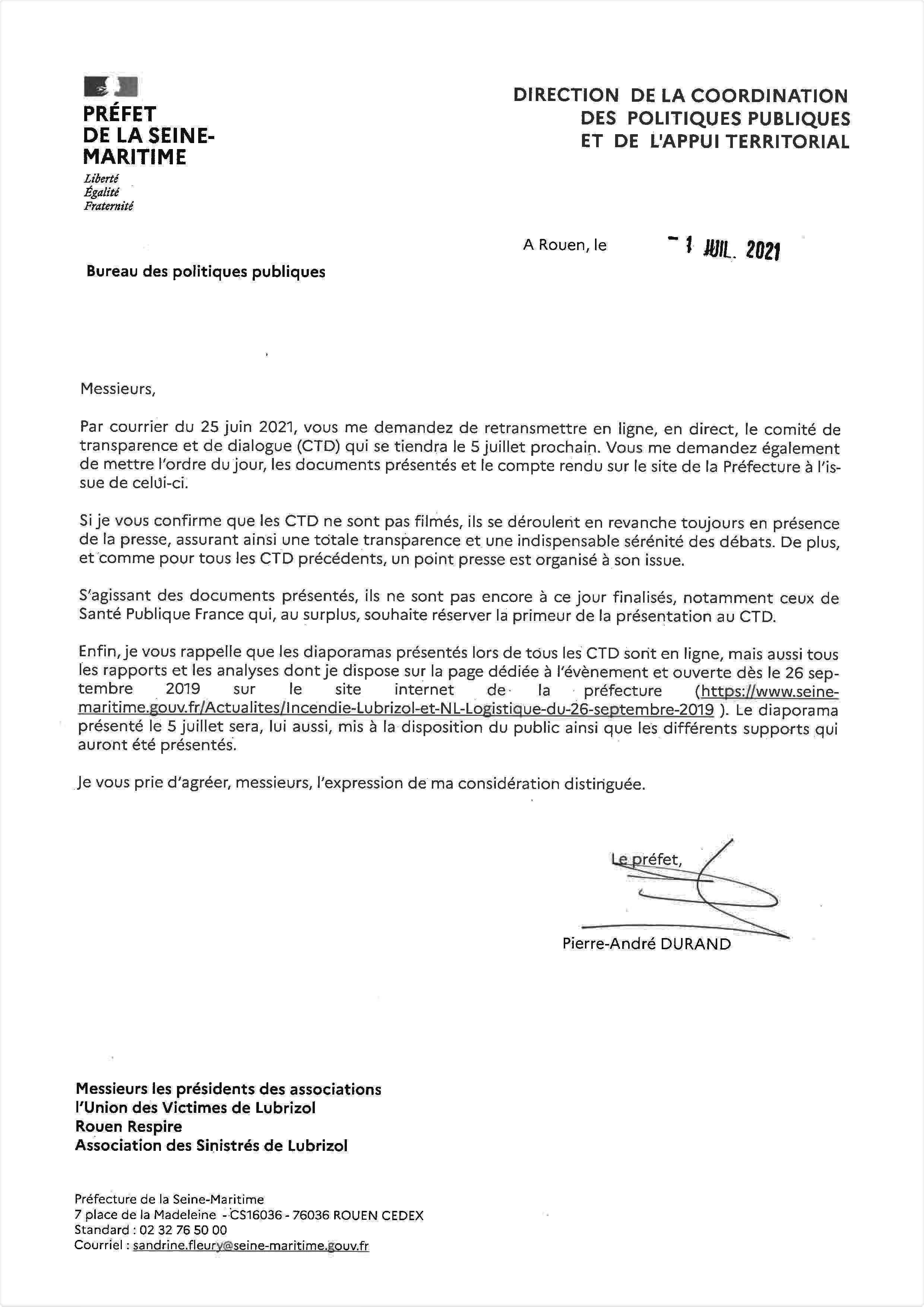 Courrier Préfecture uniondesvictimesdelubrizol